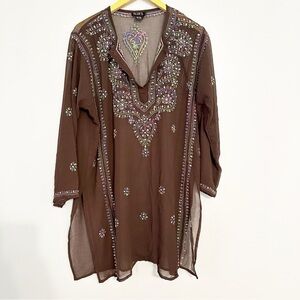 Betty B. Sheer Fairycore Brown Embroidered Boho Festival Tunic Top
